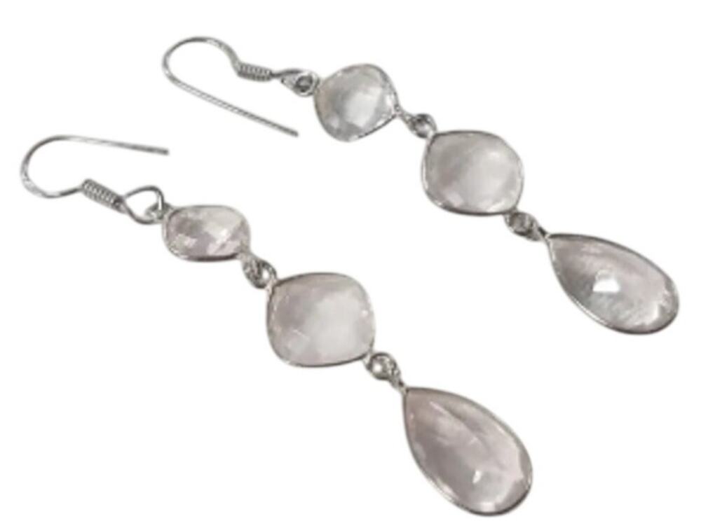 Sterling Silver Drop Dangle Earrings Pale Pink Bezel Gemstones 5.5 G 925